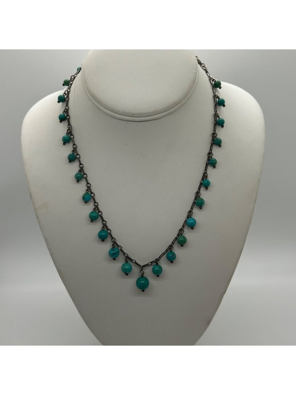 Antique Silvertone Necklace Turquoise Colored Beads, Thumbless Clasp Early 1900s
